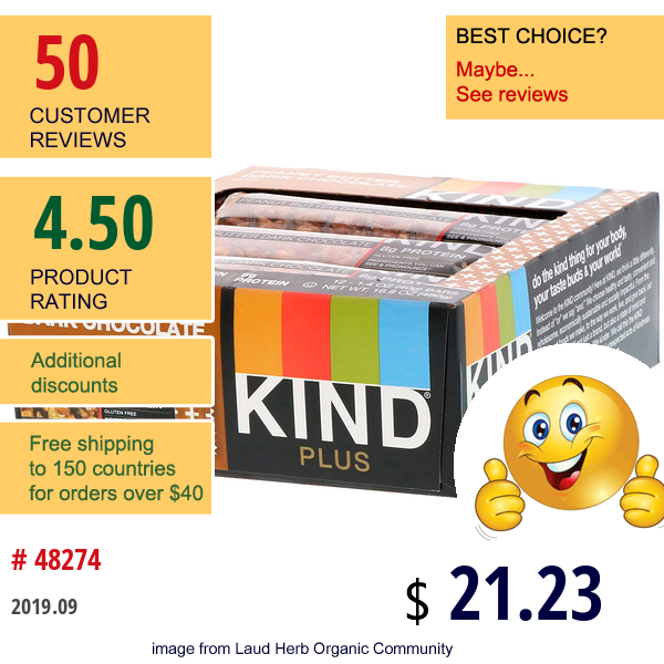 Kind Bars, Kind Plus, Peanut Butter Dark Chocolate Bar, 12 Bars, 1.4 Oz (40 G) Each