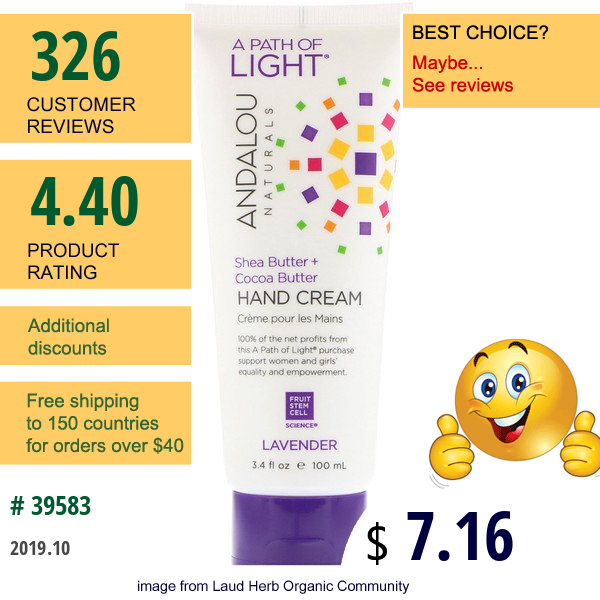 Andalou Naturals, A Path Of Light, Shea Butter + Cocoa Butter Hand Cream, Lavender, 3.4 Fl Oz (100 Ml)