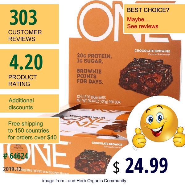 One Brands, One Bar, Chocolate Brownie, 12 Bars, 2.12 Oz (60 G) Each