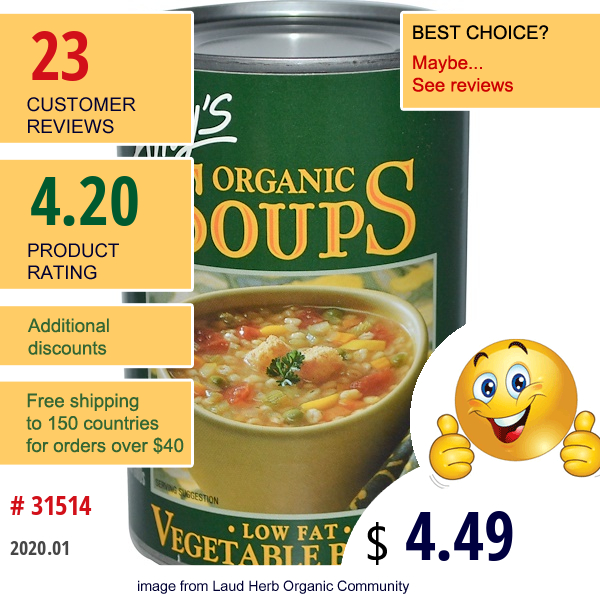 Amy'S, Organic Soups, Vegetable Barley, Low Fat, 14.1 Oz (400 G)  