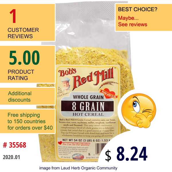 Bob'S Red Mill, 8 Grain Hot Cereal, 54 Oz (1.53 Kg) Bob'S Red Mill, 8 Grain Hot Cereal, 54 Oz (1.53 Kg)