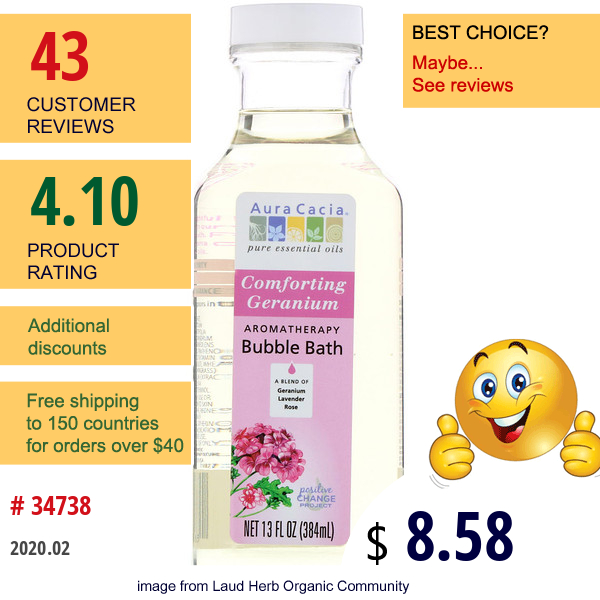 Aura Cacia, Aromatherapy Bubble Bath, Comforting Geranium, 13 Fl Oz (384 Ml)