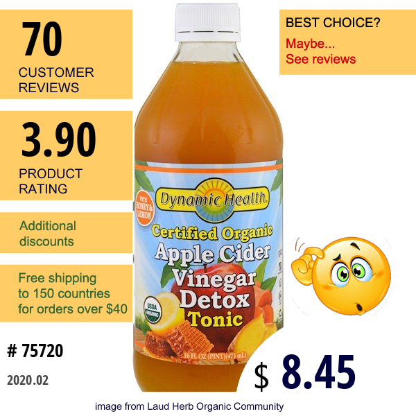 Dynamic Health  Laboratories, Certified Organic Apple Cider Vinegar Detox Tonic, 16 Fl Oz (473 Ml)