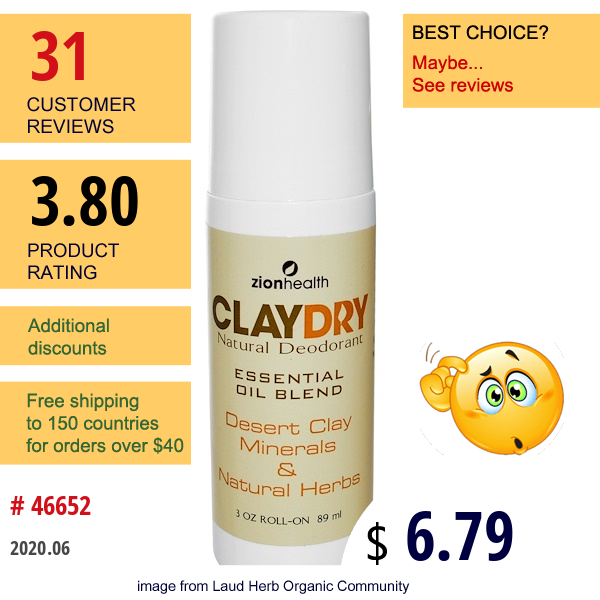 Zion Health, Clay Dry Natural Roll-On Deodorant, 3 Oz (89 Ml)  