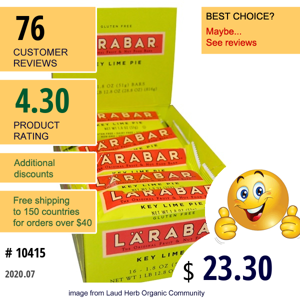 Larabar, Key Lime Pie, 16 Bars, 1.8 Oz (51 G) Each  