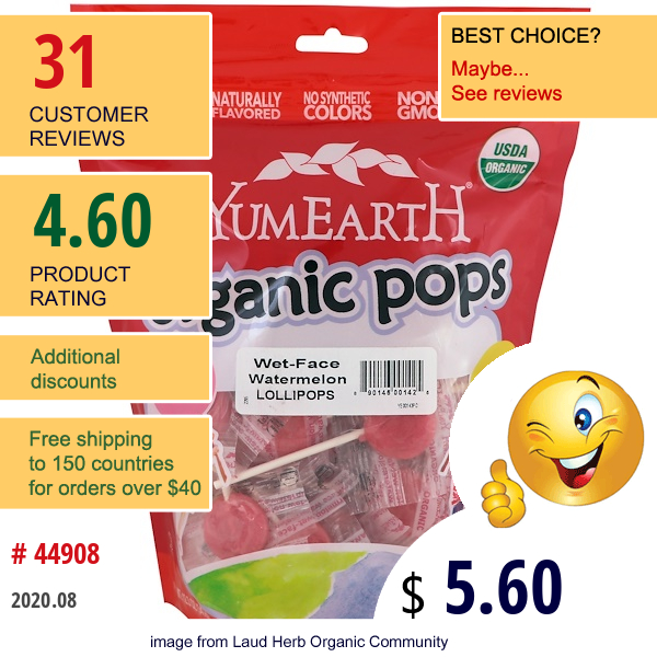 Yumearth, Organic Lollipops, Wet-Face Watermelon, 50 Pops, 12.3 Oz (349 G)  