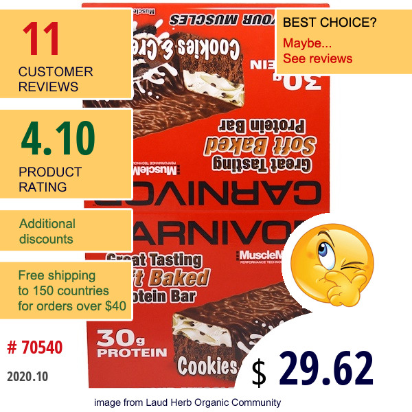 Musclemeds, Carnivor Soft Baked Protein Bar, Cookies & Cream, 12 Bars, 3.2 Oz (91 G) Each  