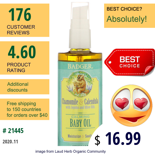 Badger Company, Calming Baby Oil, Chamomile & Calendula With Olive And Jojoba Oils, 4 Fl Oz (118 Ml)