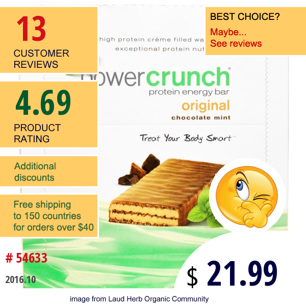 Bnrg, Power Crunch Protein Energy Bar, Original, Chocolate Mint, 12 Bars, 1.4 Oz (40 G) Each