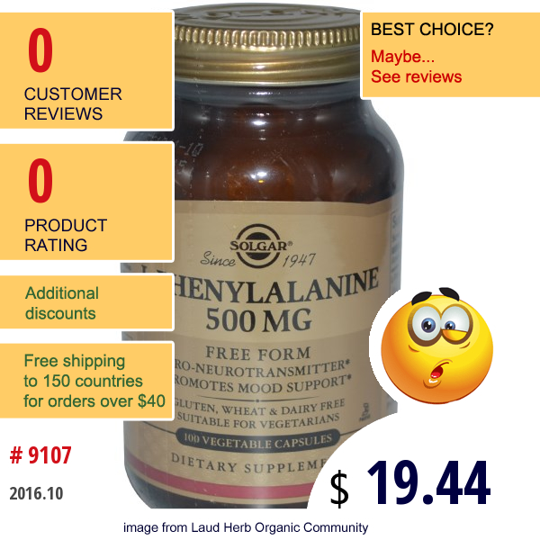 Solgar, L-Phenylalanine, 500 Mg, 100 Veggie Caps Solgar, L-Phenylalanine, 500 Mg, 100 Veggie Caps