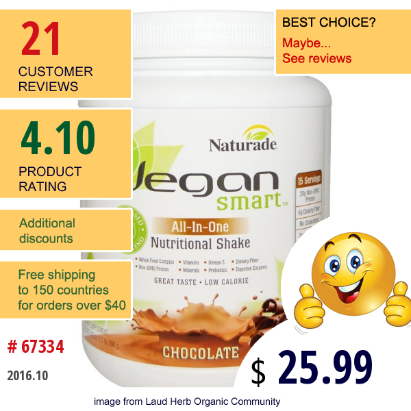 Vegan Smart, Vegansmart, All-In-One, Nutritional Shake, Chocolate, 24.3 Oz (690 G)