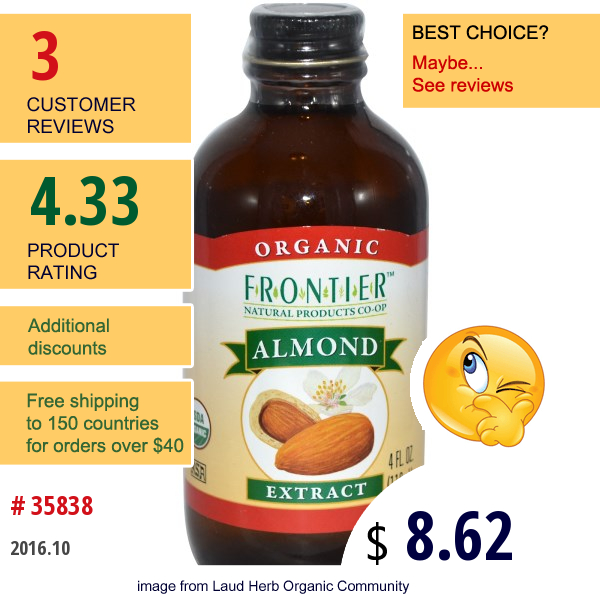 Frontier Natural Products, Organic Almond Extract, 4 Fl Oz (118 Ml)