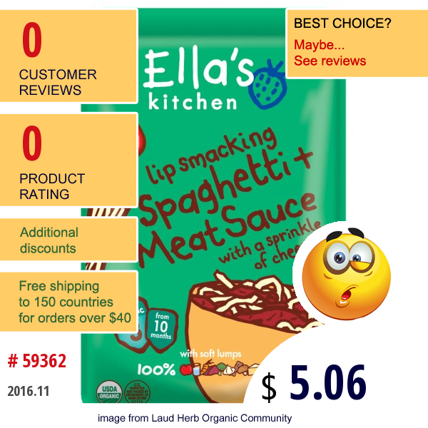 Ellas Kitchen, Lip Smacking Spaghetti + Meat Sauce With A Sprinkle Of Cheese, Stage 3,  6.7 Oz (190 G)  