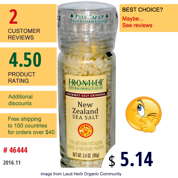 Frontier Natural Products, New Zealand Sea Salt, Gourmet Salt Grinders, 3.4 Oz (96 G)  