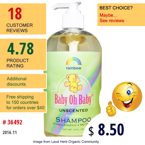 Rainbow Research, Baby Oh Baby, Herbal Shampoo, Unscented, 16 Fl Oz