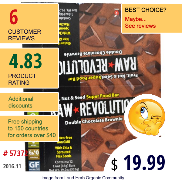 Raw Revolution, Super Food Bar, Double Chocolate Brownie, 12 Bars, 1.6 Oz (46 G) Each  