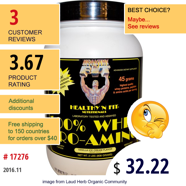 Healthy N Fit, 100% Whey Pro-Amino, Vanilla Ice Cream Flavor, 2 Lbs (908 G)  