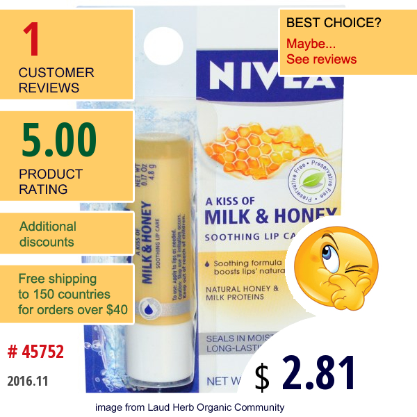 Nivea, Soothing Lip Care, A Kiss Of Milk And Honey, .17 Oz (4.8 G)  