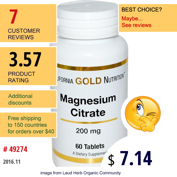 California Gold Nutrition, Magnesium Citrate, 200 Mg, 60 Tablets  
