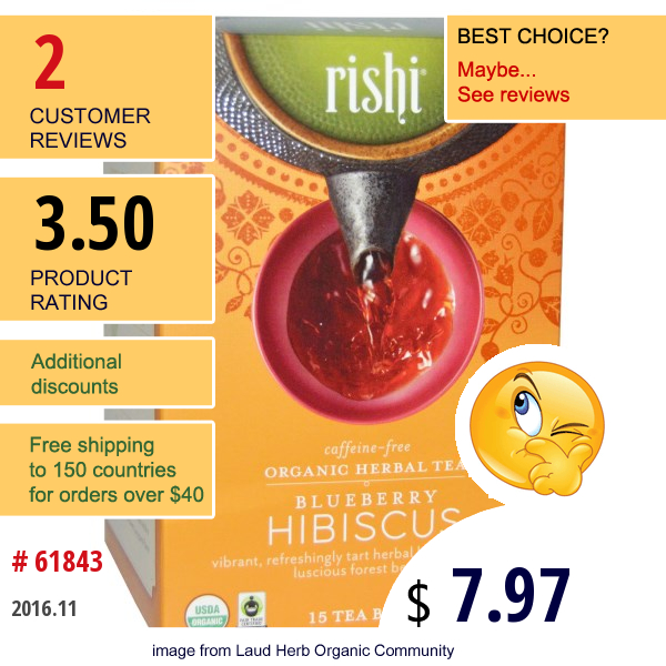 Rishi Tea, Organic Herbal Tea, Blueberry Hibiscus, 15 Tea Bags, 1.69 Oz (48 G)