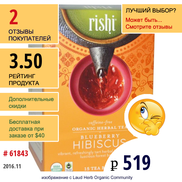 Rishi Tea, Organic Herbal Tea, Blueberry Hibiscus, 15 Tea Bags 1.69 Oz (48 G)
