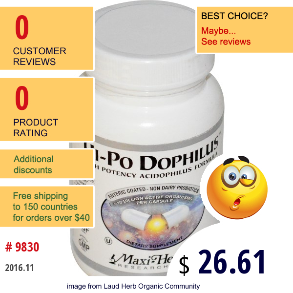 Maxi Health Research, Hi-Po Dophilus, High Potency Acidophilus Formula,  60 Maxicaps  
