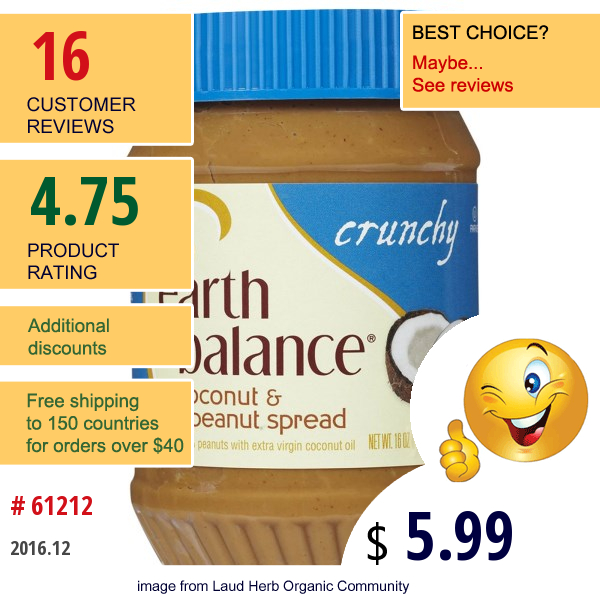 Earth Balance, Coconut & Peanut Spread, Crunchy, 16 Oz (453 G)