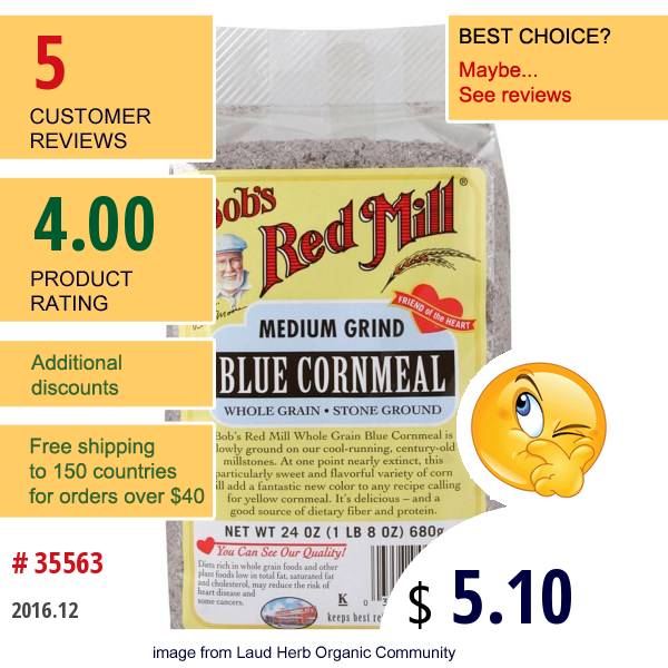 Bobs Red Mill, Blue Cornmeal, Medium Grind, 24 Oz (680 G) 