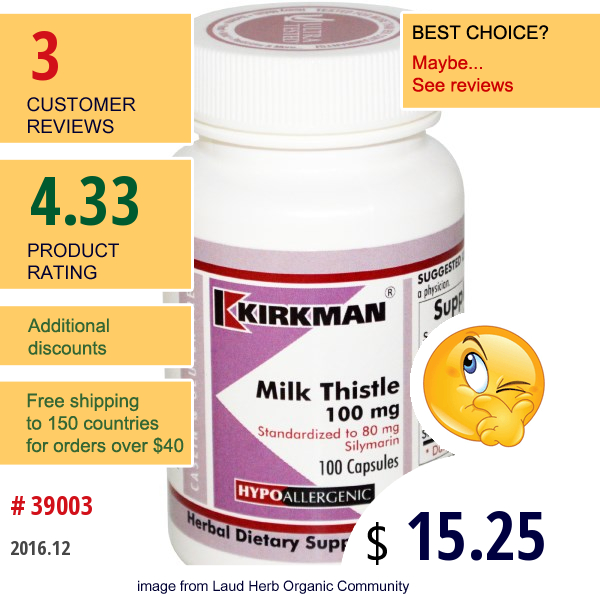 Kirkman Labs, Milk Thistle, 100 Mg, 100 Capsules  