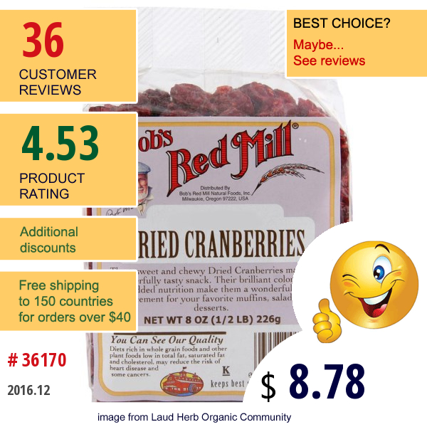 Bobs Red Mill, Dried Cranberries, 8 Oz (226 G)