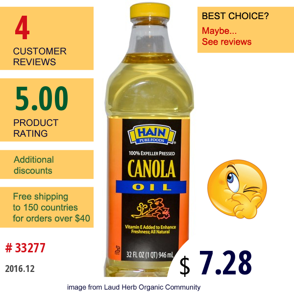 Hain Pure Foods, Canola Oil, 32 Fl Oz (946 Ml) Hain Pure Foods, Canola Oil, 32 Fl Oz (946 Ml)
