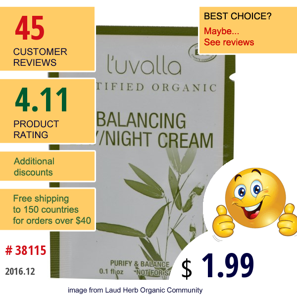Special, Luvalla, Certified Organic Balancing Day/night Cream, 0.1 Fl Oz  