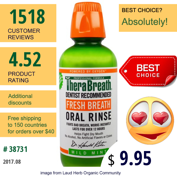 Therabreath, Fresh Breath, Oral Rinse, Mild Mint, 16 Fl Oz (473 Ml)