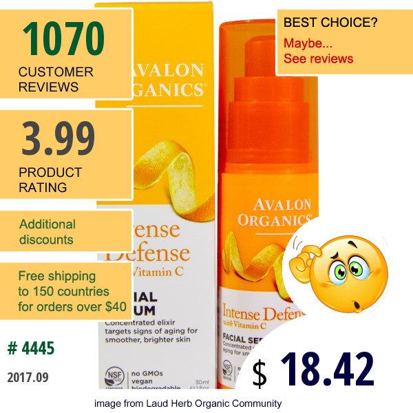 Avalon Organics, Intense Defense, With Vitamin C, Facial Serum, 1 Fl Oz (30 Ml)