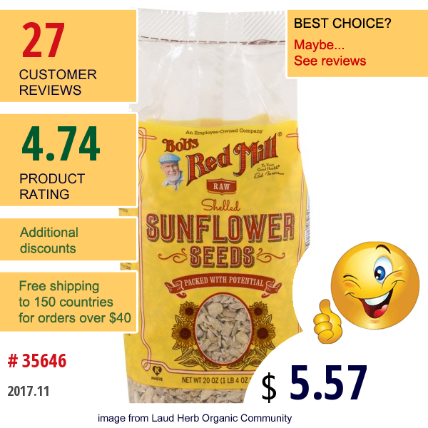 Bobs Red Mill, Raw Shelled Sunflower Seeds, 20 Oz (567 G)  