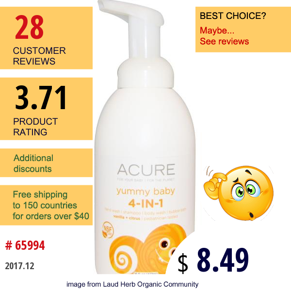 Acure Organics, Yummy Baby Wash 4-In-1, Vanilla + Citrus, 16 Fl Oz (473 Ml)  