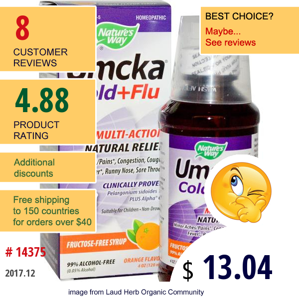 Natures Way, Umcka, Cold+Flu, Fructose-Free Syrup, Orange Flavor, 4 Oz (120 Ml)  
