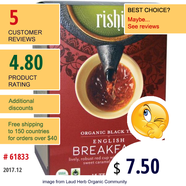 Rishi Tea, Organic Black Tea, English Breakfast, 15 Tea Bags, 1.69 Oz (48 G)