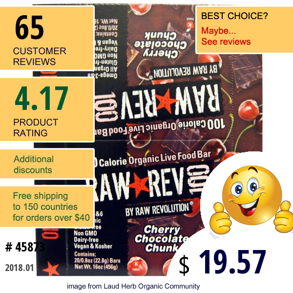 Raw Revolution, Raw Rev 100, Organic Live Food Bar, Cherry Chocolate Chunk, 20 Bars, 0.8 Oz (22.8 G) Each  