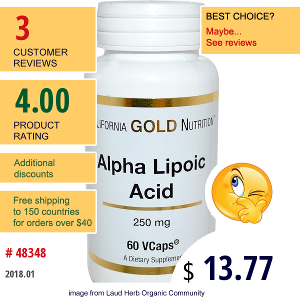 California Gold Nutrition, Alpha Lipoic Acid , 250 Mg, 60 Vcaps  