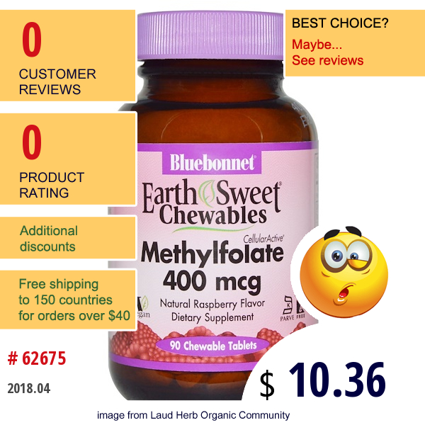 Bluebonnet Nutrition, Earthsweet Chewables Cellularactive Methylfolate, Natural Raspberry Flavor, 400 Mcg, 90 Chewable Tablets  