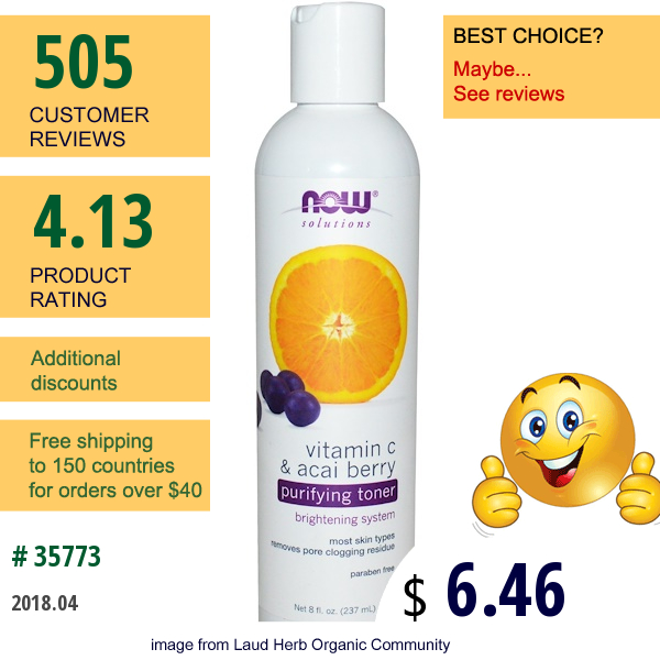 Now Foods, Solutions, Purifying Toner, Vitamin C & Acai Berry, 8 Fl Oz (237 Ml)