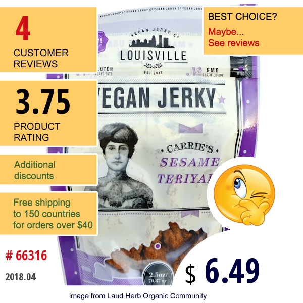 Louisville Vegan Jerky Co, Carries Sesame Teriyaki, Mild, 2.5 Oz (70.87 G)  