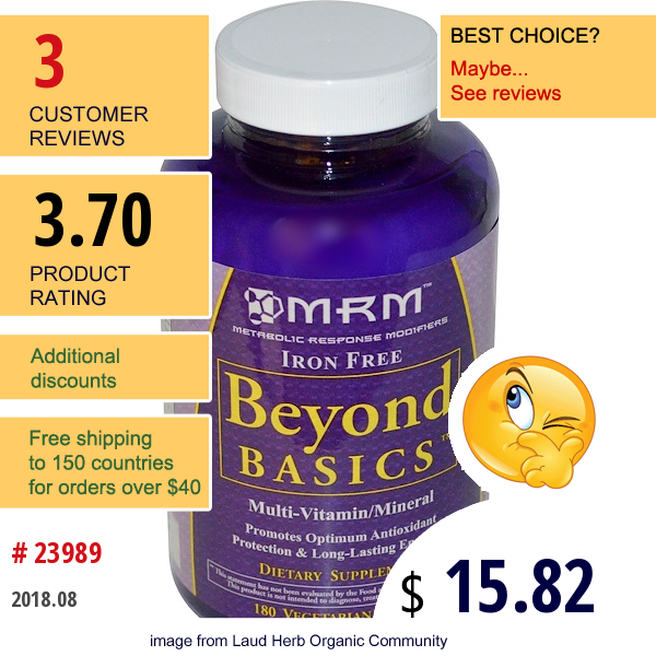 Mrm, Beyond Basics, Multi-Vitamin/mineral, Iron Free, 180 Veggie Caplets  