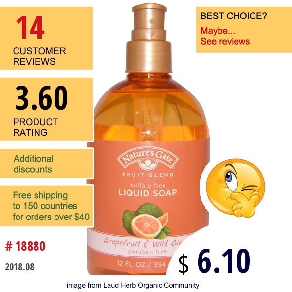 Natures Gate, Liquid Soap, Fruit Blend, Grapefruit & Wild Ginger, 12 Fl Oz (354 Ml)  