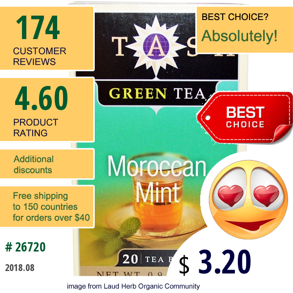 Stash Tea, Green Tea, Moroccan Mint, 20 Tea Bags, 0.9 Oz (26 G)