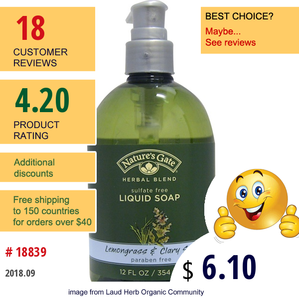 Natures Gate, Herbal Blend, Liquid Soap, Lemongrass & Clary Sage, 12 Fl Oz (354 Ml)  