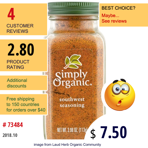 Simply Organic, Organic, Southwest Seasoning, 3.98 Oz (113 G)  