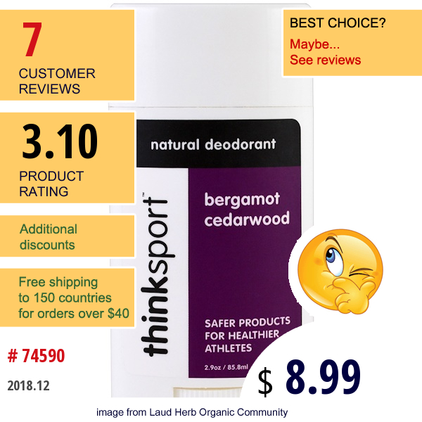 Think, Thinksport, Natural Deodorant, Bergamot Cedarwood, 2.9 Oz (85.8 Ml)  