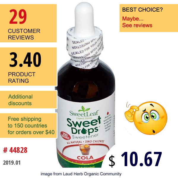 Wisdom Natural, Sweetleaf Liquid Stevia, Sweet Drops Sweetener, Cola, 2 Fl Oz (60 Ml)